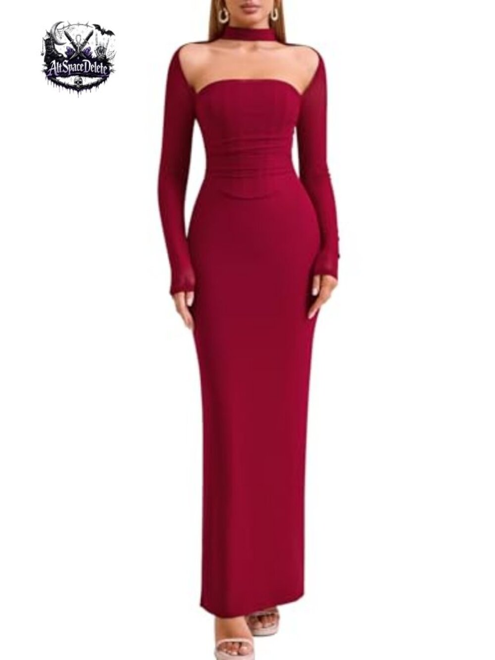 Women's Formal Long Sleeve Halter Bodycon Maxi Dress Mesh Stretch Wedding Guest
